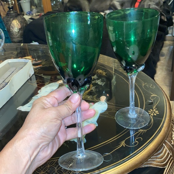 Murano Art Glass 2 Green Clear Ribbed Stem Vintage Style Hand Blown Wine Glass - Picture 4 of 4